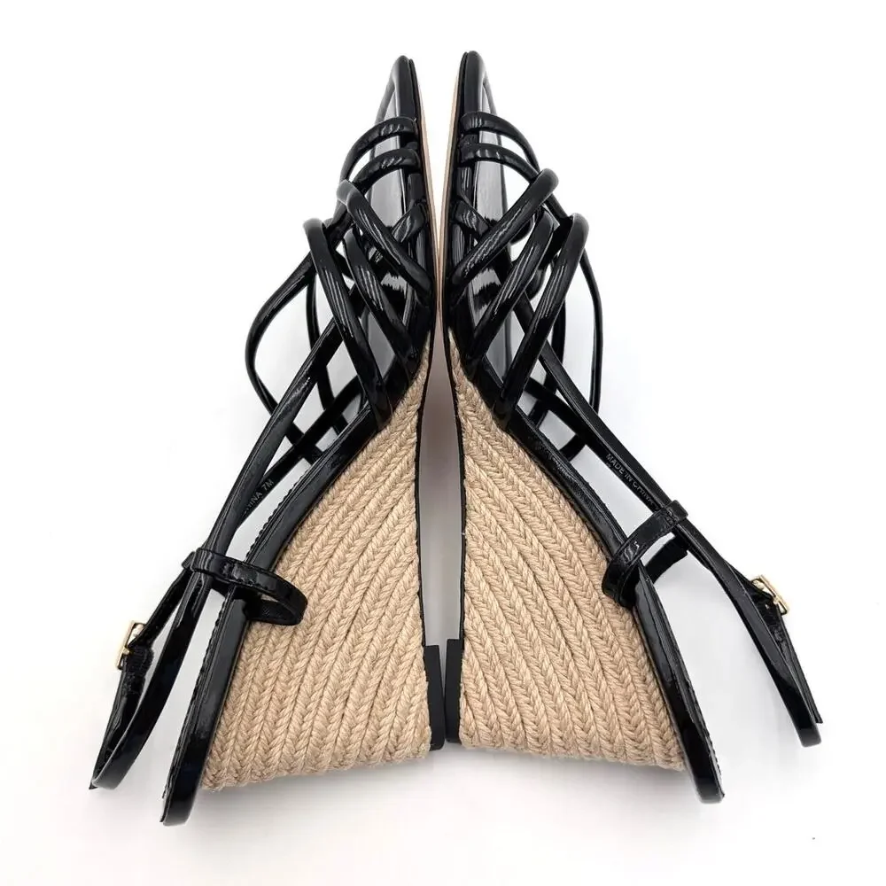 Tory Burch Multi-Strap Wedge Sandals Buckle Women's Black Size US7M EU37.5